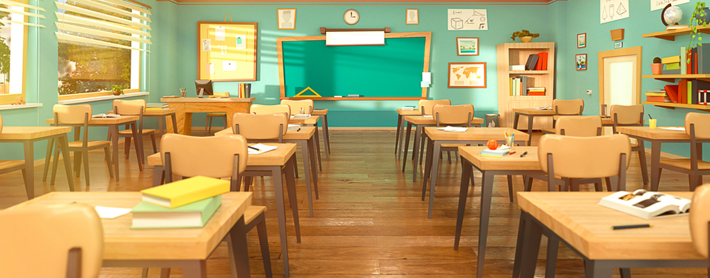 Der Blick in ein leeres Klassenzimmer mit Stühlen und Tischen